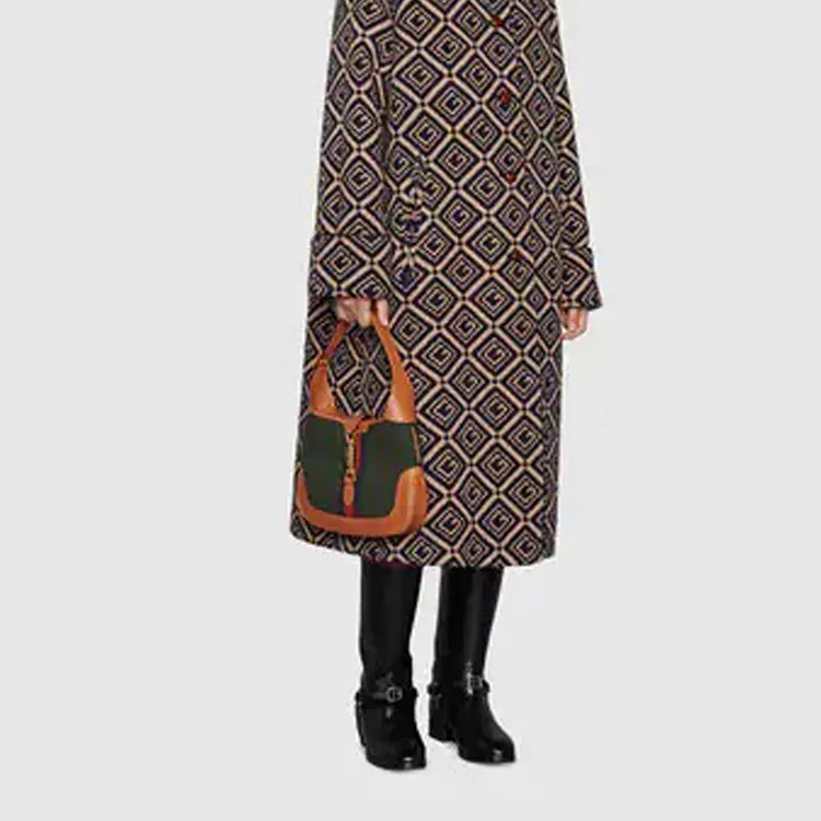 GUCCI Jackie 1961 Canvas With Leather Trim Crescent Shoulder Bag Shoulder Bag Women's Dark Green With Brown Accents-10