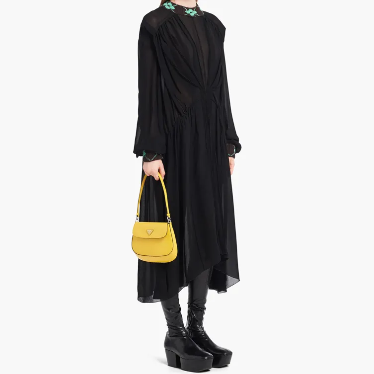 PRADA Cleo Leather Shoulder Bag Women's Bright Yellow-3