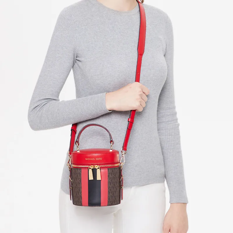 MICHAEL KORS Bedford Leather Cylinder Bag, Crossbody Handbag Medium Size Women's Bright Red & Brown Multicolor-3