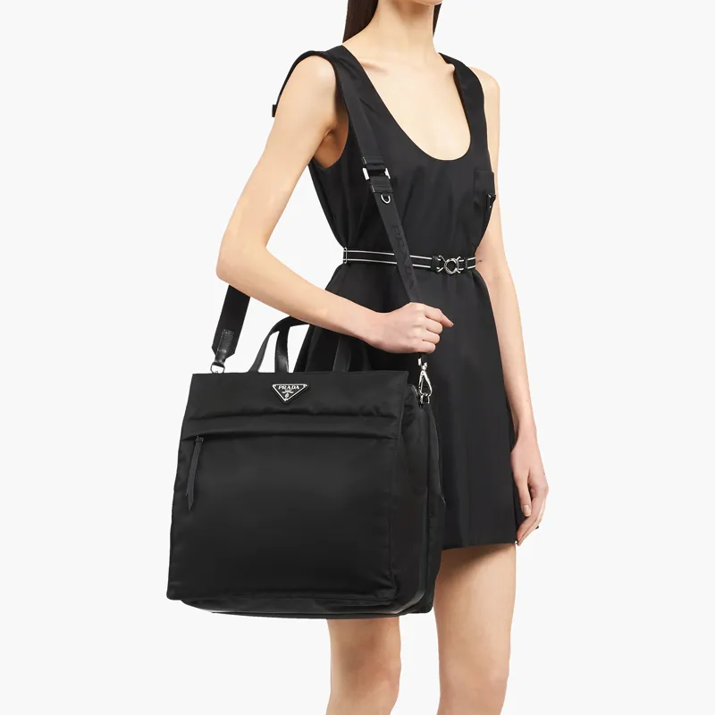 PRADA Recycled Nylon Leather Handle Tote Bag, Shopping Bag, Handbag Men's Black-3