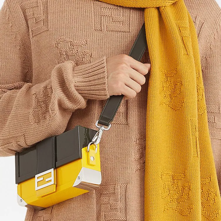 FENDI BaguetteTrunk Calfskin Leather Box Bag Baguette Bag Shoulder Bag Crossbody Bag Mini Men's Black/Yellow-8