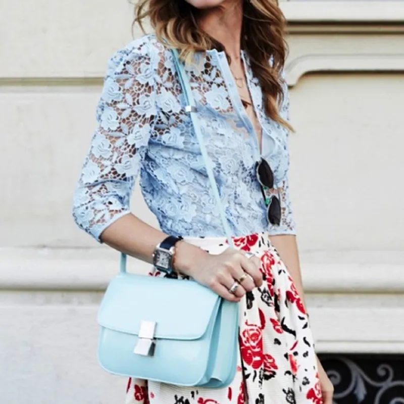 CELINE Classic Bo Cow Leather Tofu Bag Block Shoulder Bag Crossbody Bag Medium Size Women's Light Blue-3