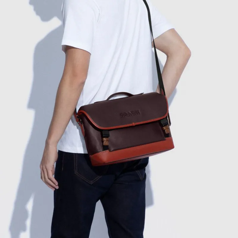 COACH League Cow Leather Cycling Bags Shoulder Bag Crossbody Bag Large Size Men's Red Brown-5