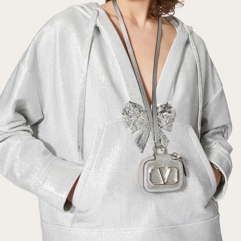 Valentino Vlogo Cow Leather Earphone Case Necklace Pouch Regular Unisex Silver-4