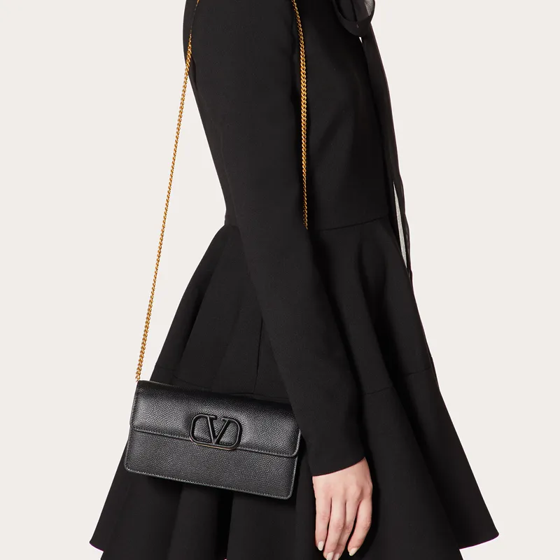 Valentino Vlogo Grained Calfskin Chain Shoulder Bag Clutch Handbag Wallet Women's Black-5