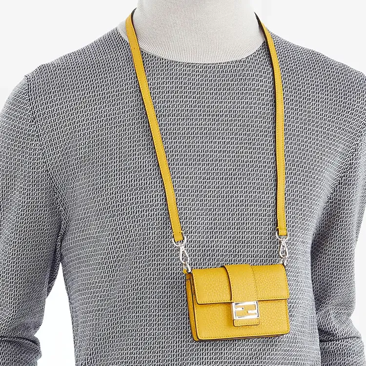 FENDI Baguette Calfskin Baguette Bag Clutch Necklace Pouch Shoulder Bag Men's Yellow-5