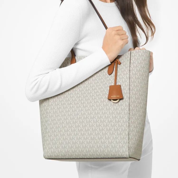 MICHAEL KORS Canvas Cotton Tote Bag, Shopping Bag, Tote Handbag Tubas Women's Vanilla White & Acorn Brown-4