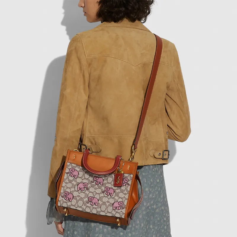 COACH Rogue Leather Shoulder Bag Crossbody Bag Handbag Medium Size Women's Brown & Monogram-4