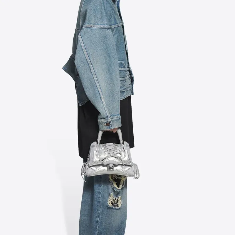 Balenciaga Hourglass Cow Leather Hourglass Bag Shoulder Bag Handbag Crossbody Bag Small Size Unisex Silver Gray-5