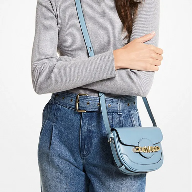 MICHAEL KORS Hally Leather Saddle Bag, Shoulder Bag, Crossbody Bag Extra Small Women's Light Blue-3