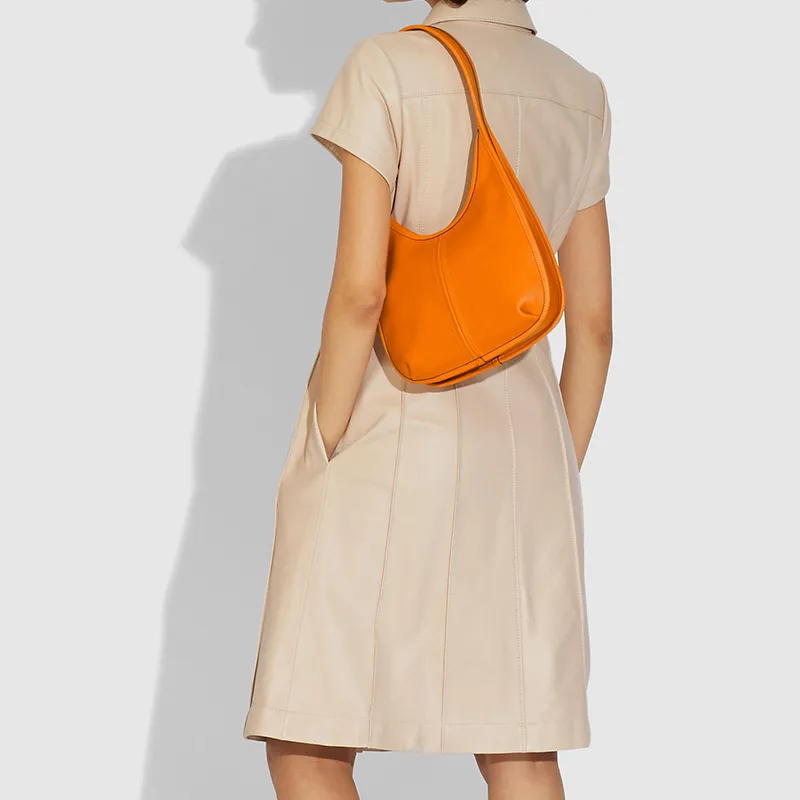COACH Leather Hobo Crescent Bag Portable Shoulder Bag Medium Size Women's Bright Orange-3