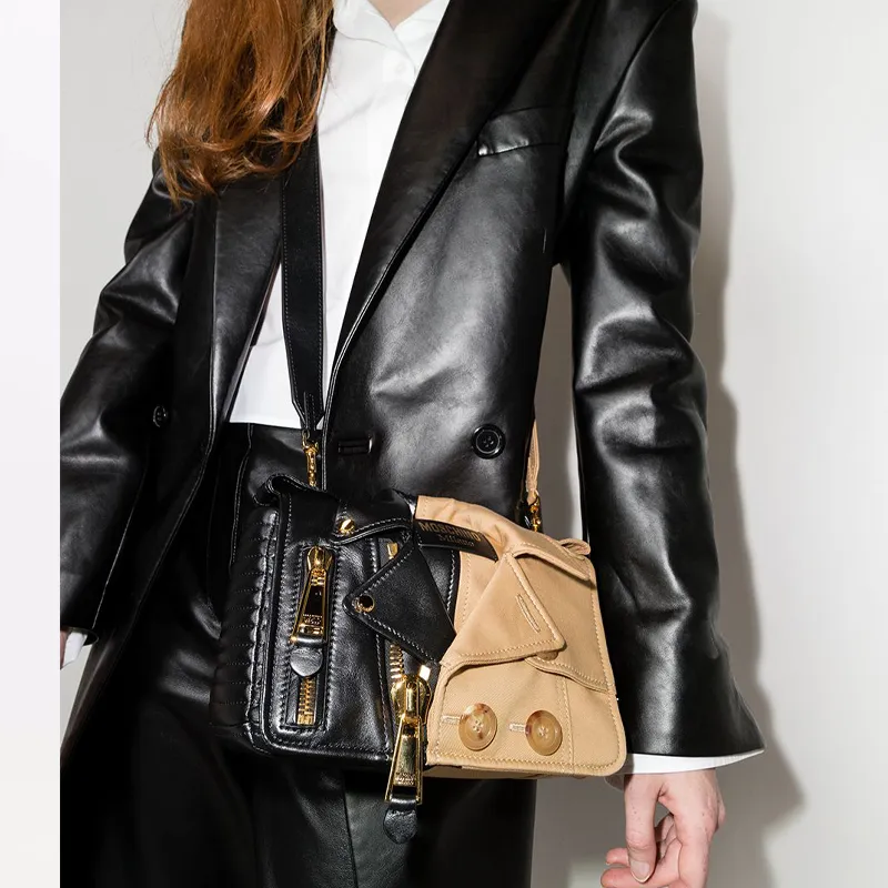 MOSCHINO Fabric With Leather Small Square Bag Biker Shoulder Bag Crossbody Bag Women's Black Brown Multicolor-2