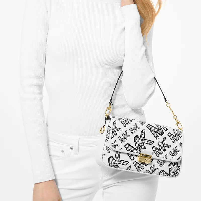 MICHAEL KORS Bradshaw Cow Leather Shoulder Bag, Baguette Bag, Shoulder Bag Trumpets Women's Black White-3