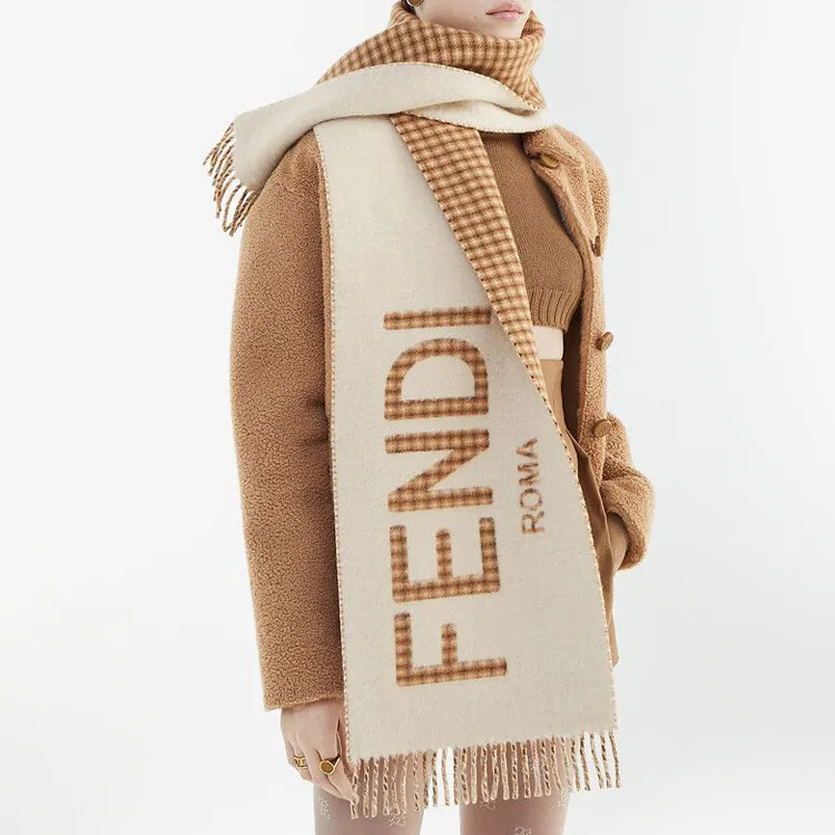 FENDI Wool Knit Scarves Unisex Cream-2