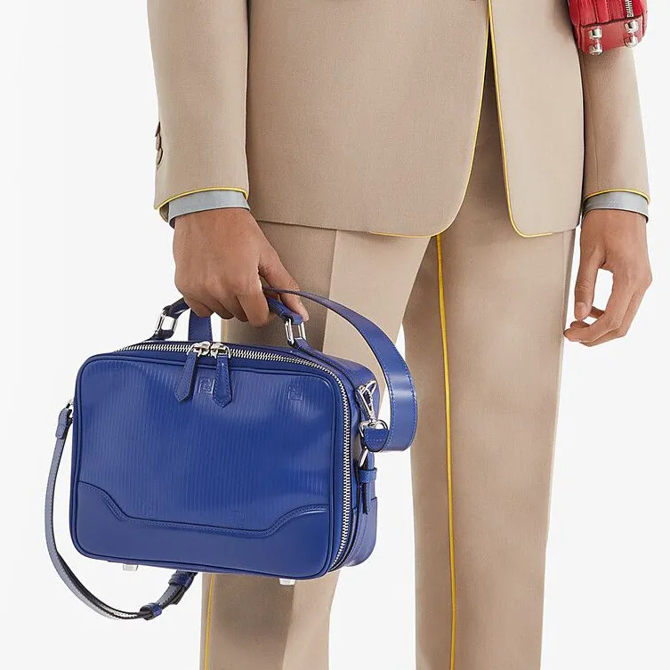 FENDI Embossed Calfskin Messenger Bag Handbag Shoulder Bag Crossbody Bag Men's Blue-4