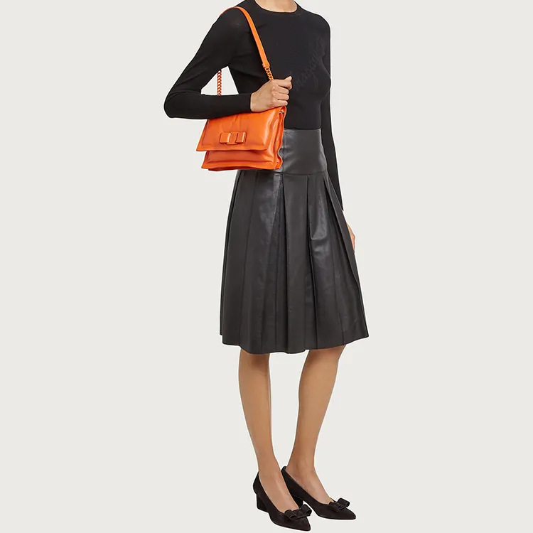 FERRAGAMO Viva Natural Grain Cow Leather Pillow Bag Shoulder Bag Crossbody Bag Small Size Women's Orange-4