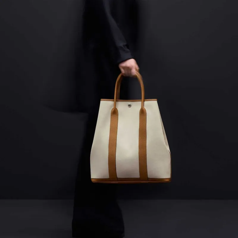 HERMES Garden Party Canvas With Negonda Cow Leather Garden Bag Canvas Bag Handbag Regular Unisex Concrete Gray/Brown-4