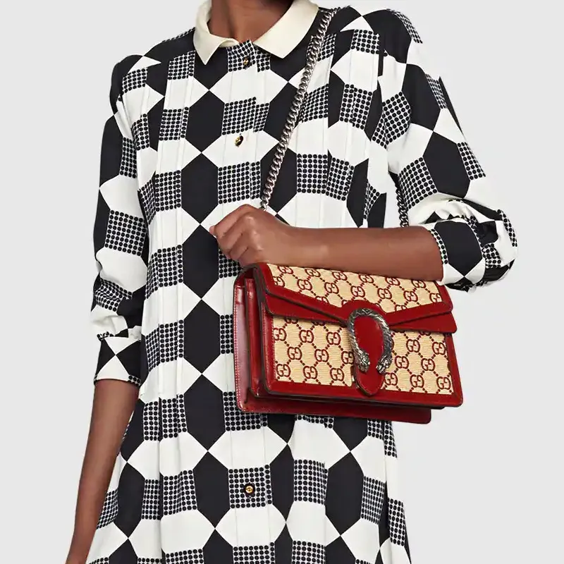 GUCCI Dionysus Leather Crossbody Bag Trumpets Women's Burgundy/Beige/Yellow/Color Block-9