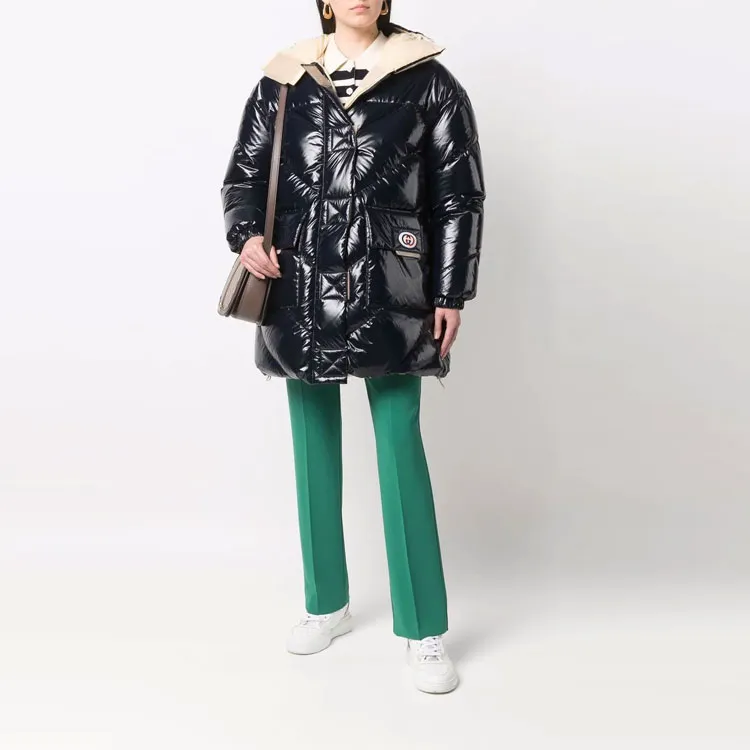 GUCCI SS22 Solid Color Hooded Loose Fit Mid-Length Down Jacket Women's Black-1