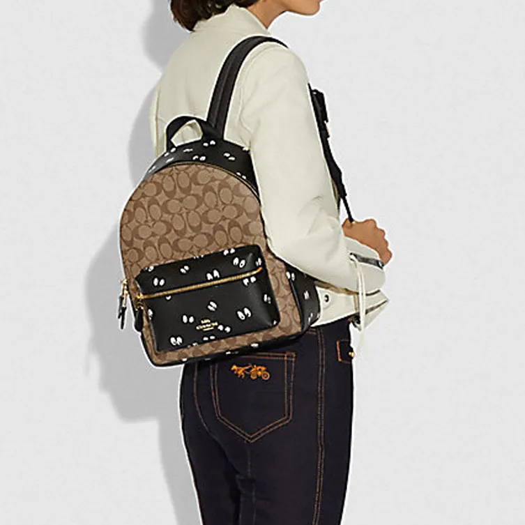 COACH Disney Charlie 27 Disney Snow White Pattern Collaboration Coated Canvas Backpack Large Size Women's Khaki-4
