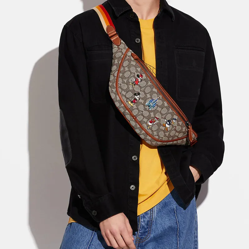 COACH X Disney Collaboration Fabric With Leather One Shoulder Crossbody Bag, Sling Bag, Fanny Pack Tubas Men's Khaki-4