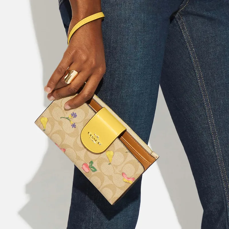 COACH Tech Wallet Canvas With Leather Clutch Wallet Wrist Bag Women's Light Khaki With Yellow Accents-3
