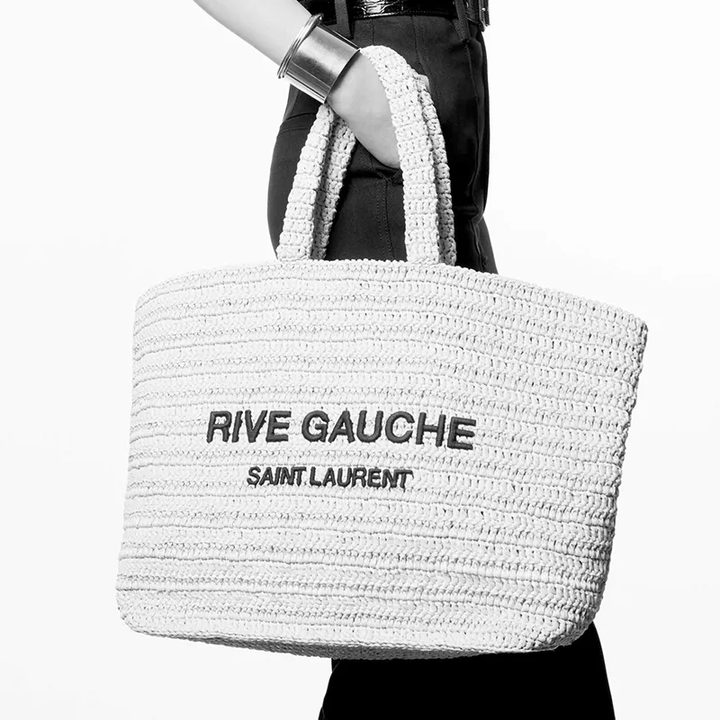 SAINT LAURENT Natural Woven Large Capacity Tote Bag Shopping Bag Women's Natural Linen/Black-5