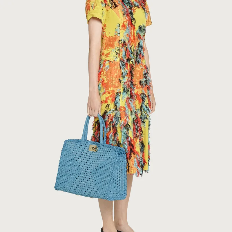 FERRAGAMO Studio Fabric With Sheepskin Handbag Medium Size Women's Dark Aqua Green-5