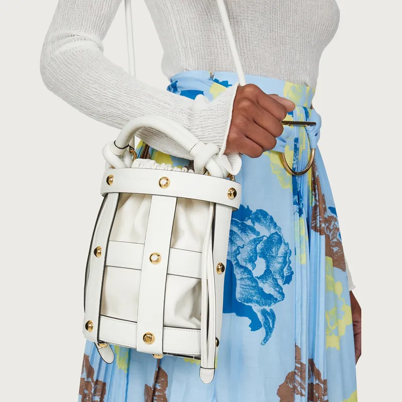 FERRAGAMO Cage Cow Leather Bucket Bag, Crossbody, One Shoulder Handbag Regular Women's White-7