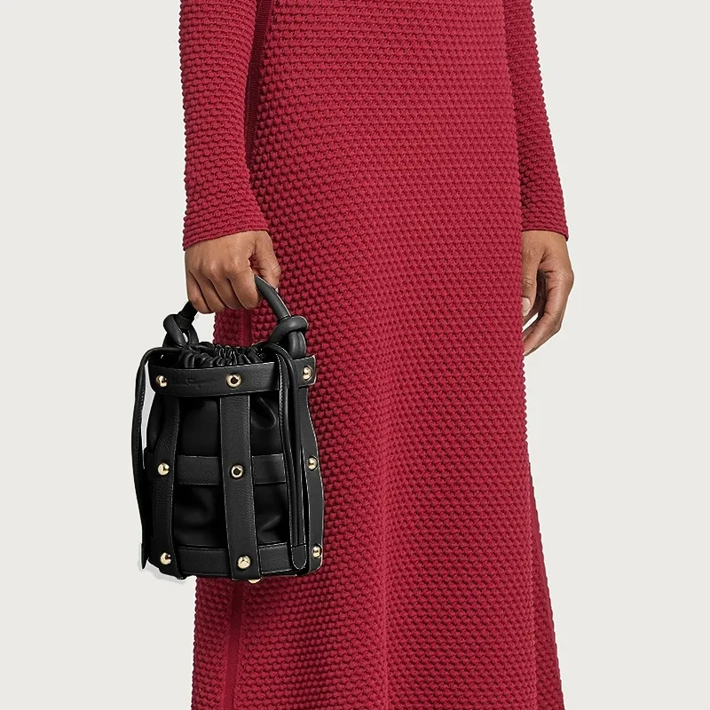 FERRAGAMO CAGE Cow Leather Bucket Bag, Crossbody, One Shoulder Handbag Regular Women's Black-4