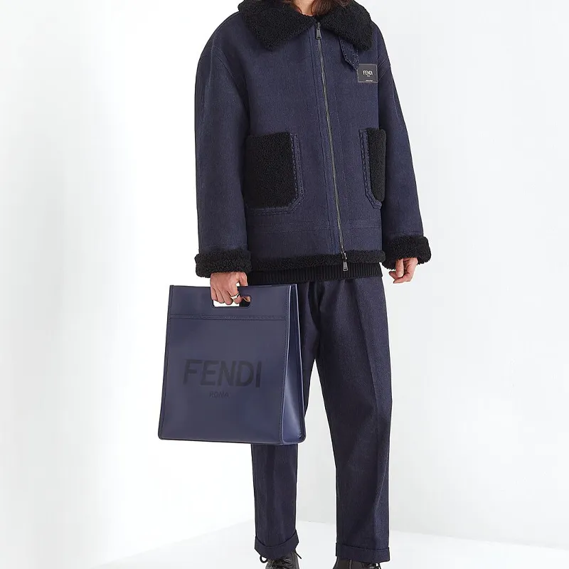 FENDI Calfskin Tote Bag, Shopping Bag, Shoulder Bag, Crossbody Bag, Handbag Men's Blue-5