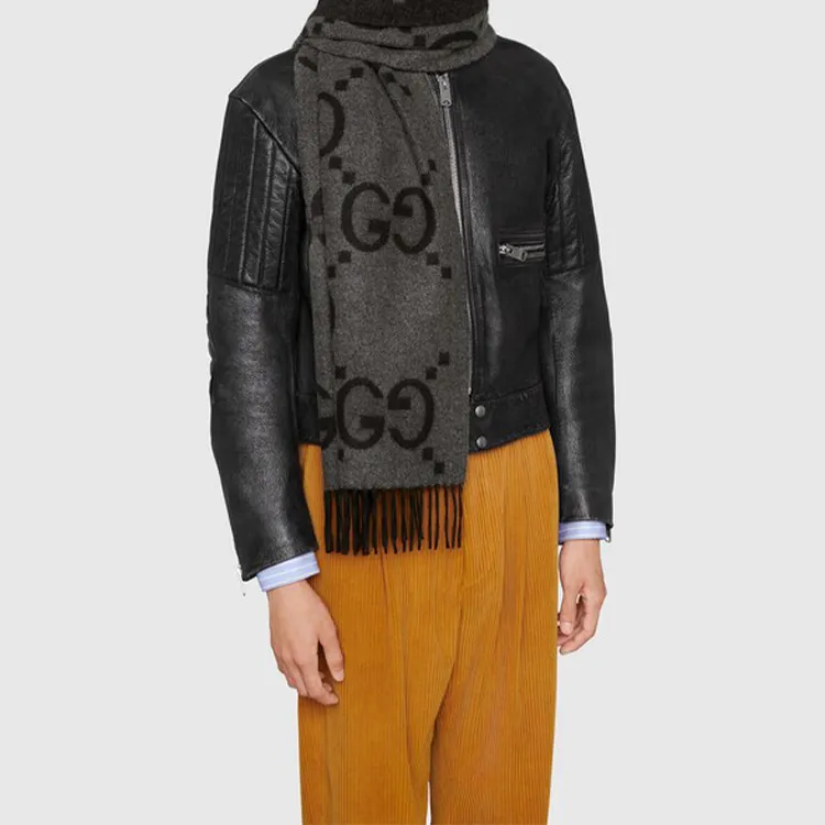 GUCCI Cashmere Knit Scarves Men's Gray Black-4