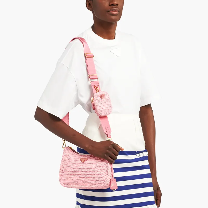 PRADA Re-Edition Raffia Raffia Fiber Hobo Bag Shoulder Bag Combination Handbag Women's Petal Pink-3