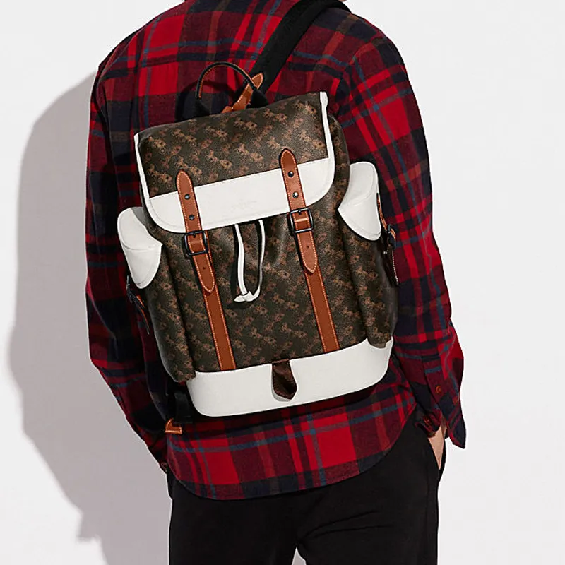 COACH Hitch Canvas With Leather Backpack Large Size Men's White & Dark Brown-4