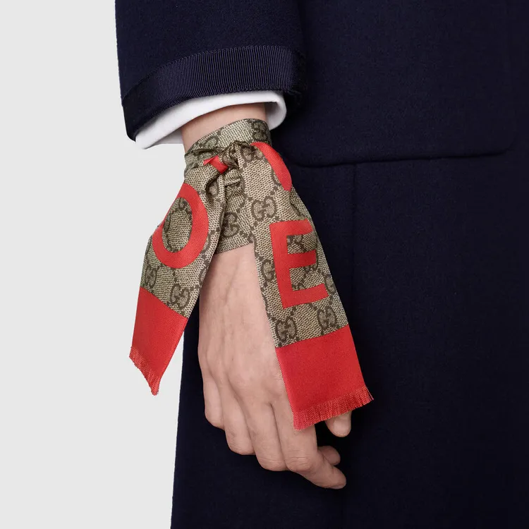 GUCCI Silk Scarves Unisex Beige/Ebony-3