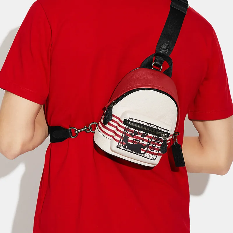 COACH Disney X Keith Haring Collaboration West Pebbled Leather Backpack Chest Bag Shoulder Bag Mini Unisex White & Red-4