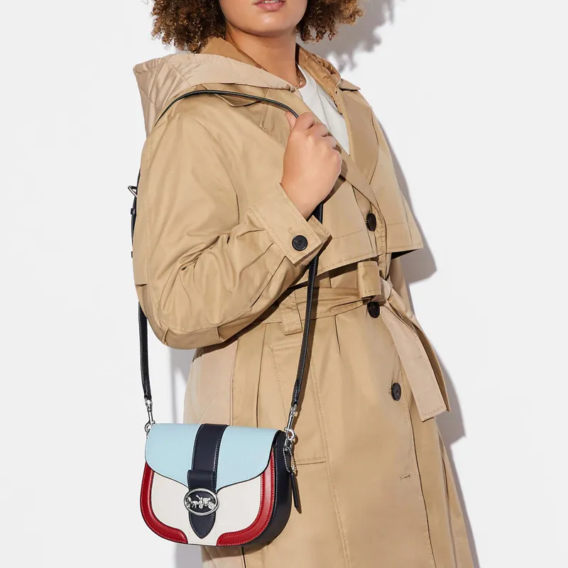COACH Georgie Pebbled Leather Saddle Bag Shoulder Bag Crossbody Bag Small Size Women's White & Blue-3