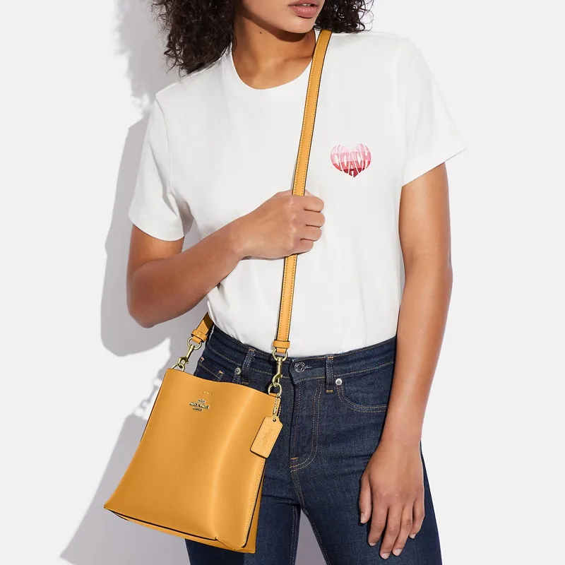 COACH Mollie Solid Color Leather Bucket Bag, Handbag, Shoulder Bag, Crossbody Bag Small Size Women's Mustard Yellow-3