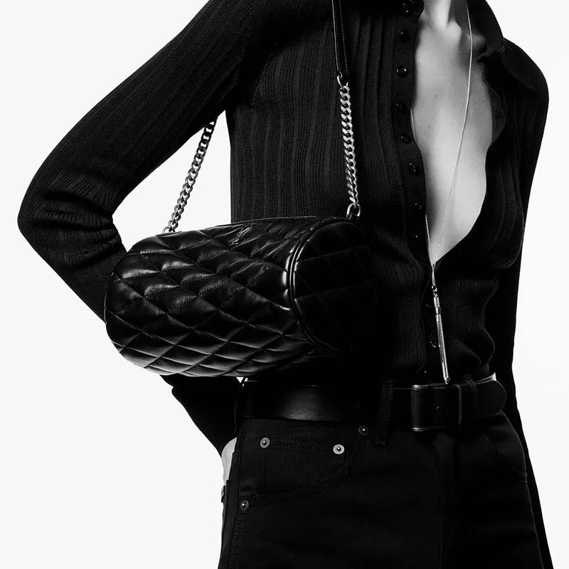 SAINT LAURENT Sheepskin Cylinder Bag Shoulder Bag Handbag Shoulder Bag Small Size Women's White-5