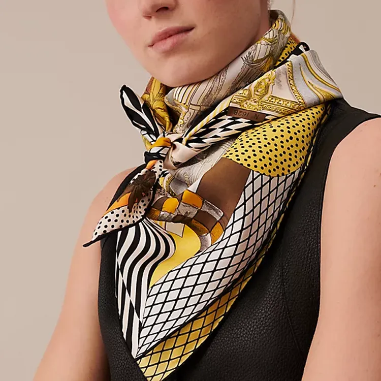 HERMES Silk Scarves Unisex Black/Light Yellow/Cream-1