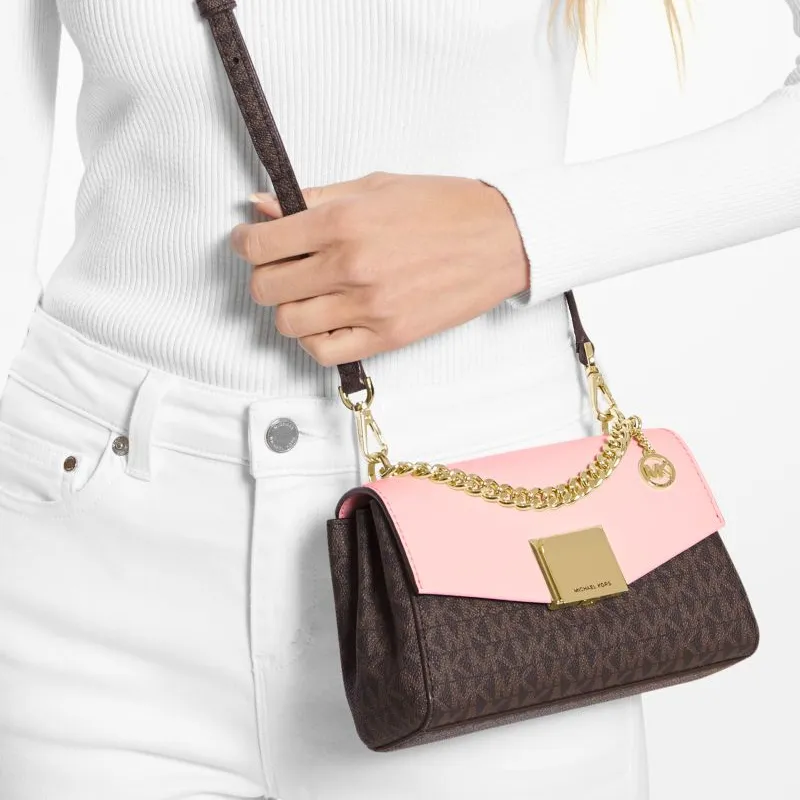 MICHAEL KORS Lita Canvas Flap Bag Shoulder Bag Crossbody Bag Women's Dark Brown & Pink-4