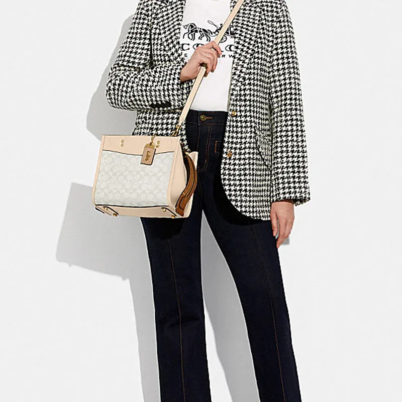 COACH Rogue Jacquard Fabric With Leather Handbag Shoulder Bag Crossbody Bag Medium Size Women's Multicolor-4