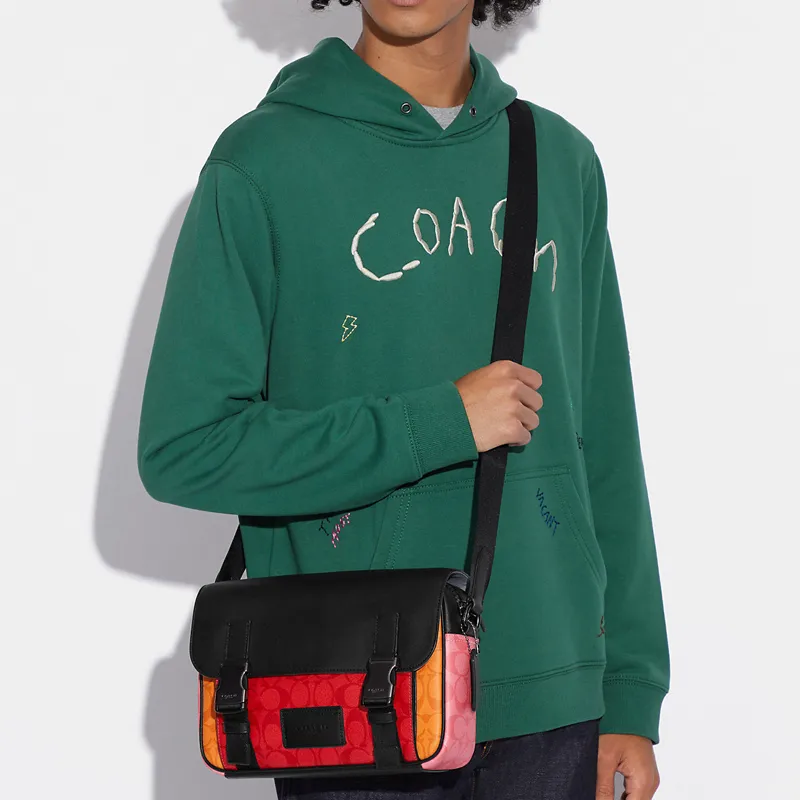 COACH Track Coated Canvas With Leather Shoulder Bag, Crossbody Bag Tubas Unisex Black & Orange-4