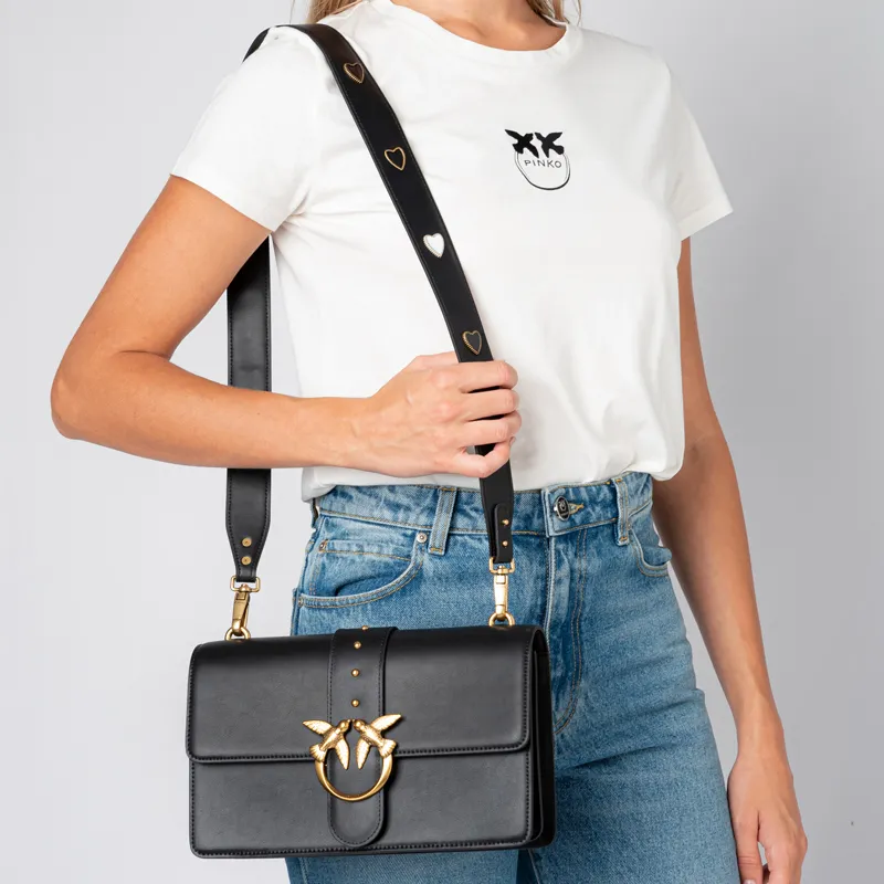 PINKO Cow Leather Swallow Bag, Small Square Bag, Shoulder Bag, Crossbody Bag Medium Size Women's Black-3