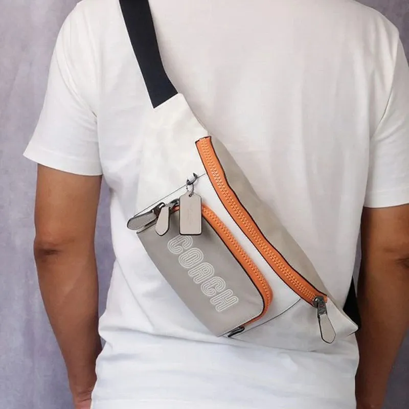 COACH Track Canvas With Calfskin Fanny Pack Large Size Men's White & Orange & Milk Tea Brown-3