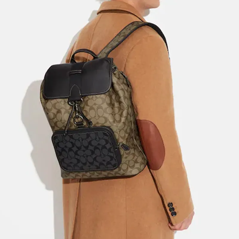 COACH Sullivan Cow Leather Patchwork With Fabric Backpack Men's Khaki Mix Charcoal-3