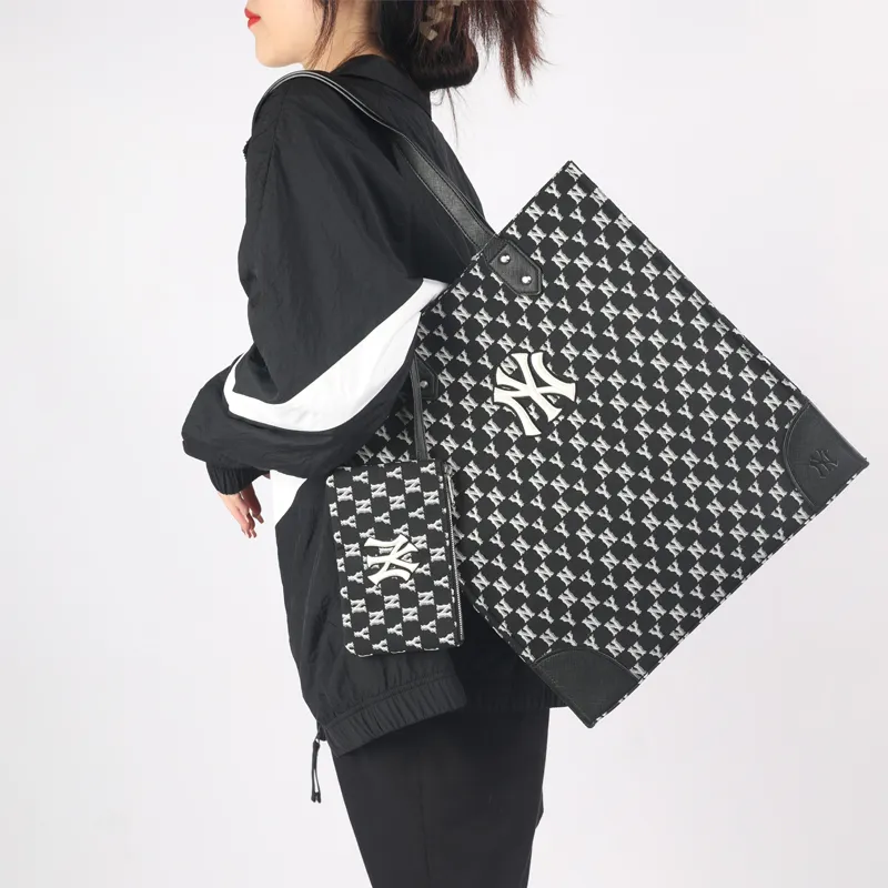 MLB Monogram Collection Polyester Combo Bag Tote Bag Shopping Bag Shoulder Bag Handbag Large Size Unisex Black-6