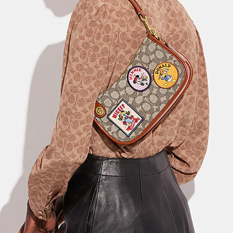 COACH Disney Collaboration Swinger Fabric Cow Leather Patchwork Handbag Small Size Women's Brown Gray-3