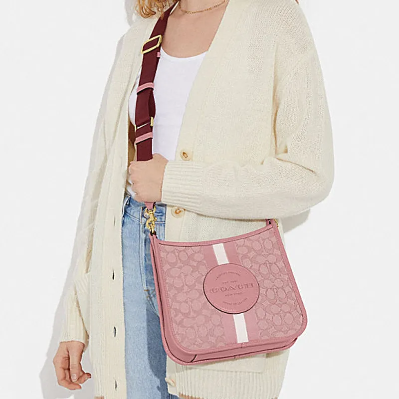 COACH Dempsey Fabric Cow Leather Patchwork Shoulder Bag Crossbody Bag Large Size Women's Pink-4
