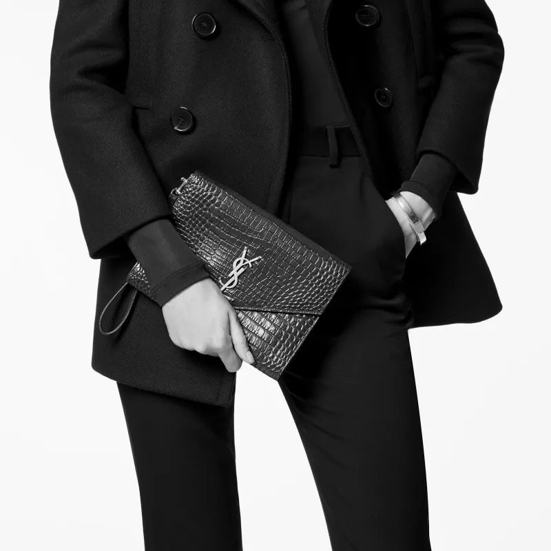 SAINT LAURENT CASSANDRE Crocodile Pattern Shiny Cow Leather Envelope Bag, Clutch Regular Women's Black-6